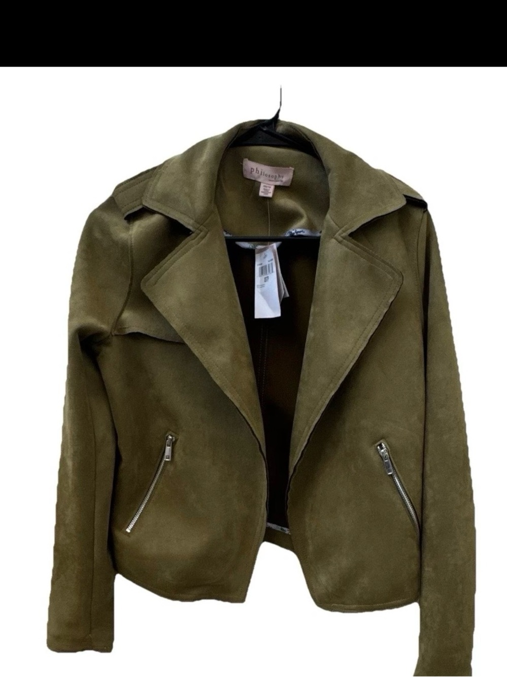 Philosophy 
Pea green moto style jacket faux suede